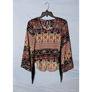 See You Monday Womens Medium Paisley Long Sleeve Black Fringed Cropped Top Boho